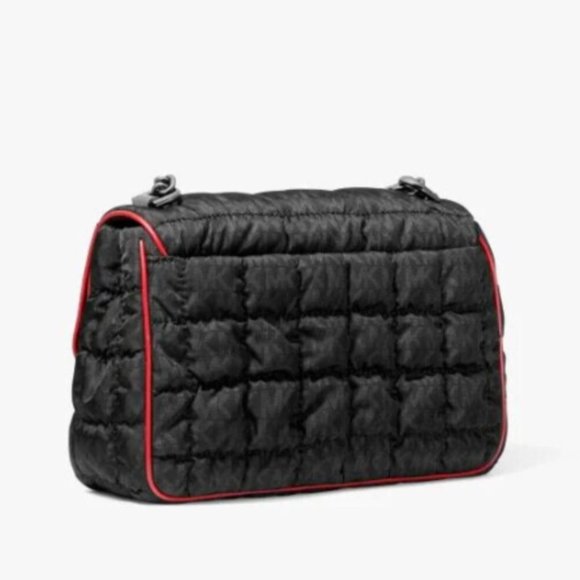 NWT Michael Kors SOHO Quilted Nylon Shoulder Bag Crossbody Black Red Trim $400 - Picture 2 of 13